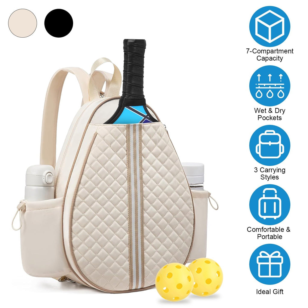 Pickleball Sling Bag for Men Women Waterproof Badminton Tennis Backpack with Wet Pocket Hidden Fence Hook Machine Washable