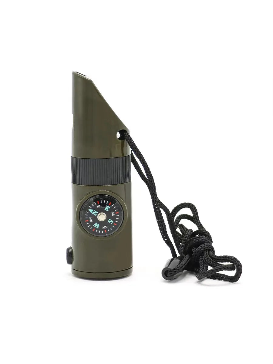 NEW 7 in 1 Survival Whistle Hiking Whistle Compass Mirror Flashlight Magnifier LED Light Thermometer Storage Compass Tool