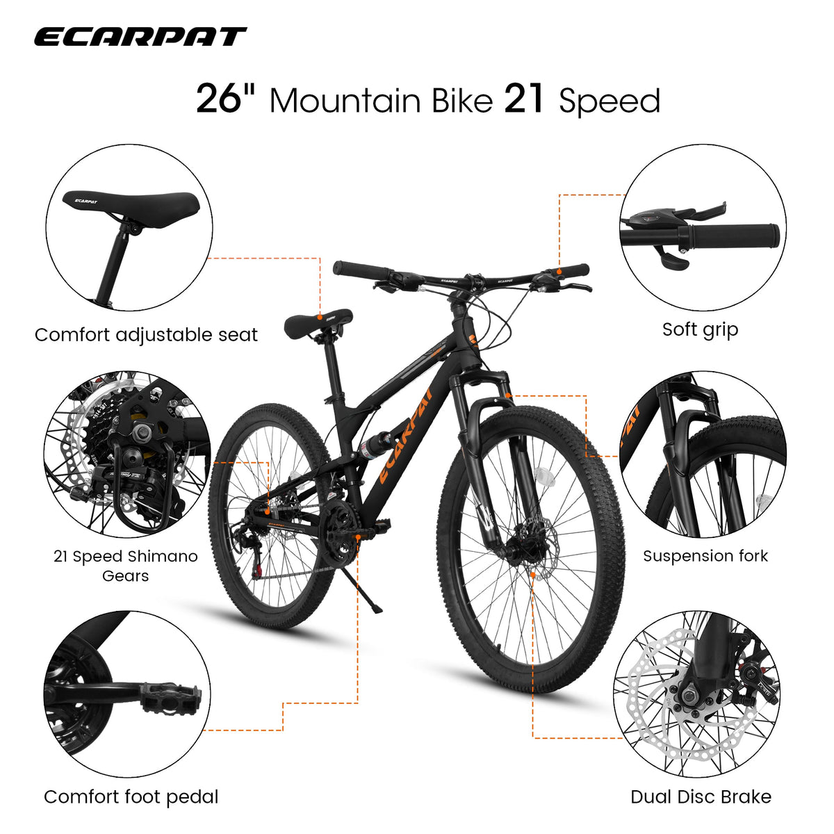 26" RidgeLine Adult Mountain Bike | 21-Speed Hardtail (Black-Orange)