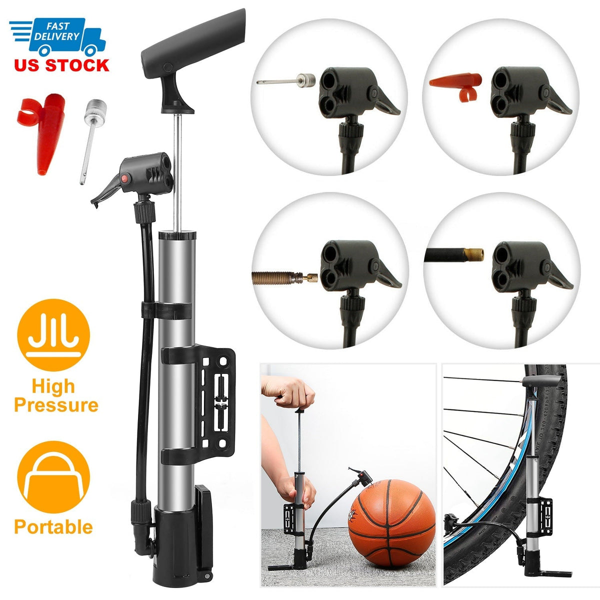 Mini Bike Pump Portable Bicycle Tire Inflator Ball Air Pump w/ Mount Frame For Mountain Road Bike