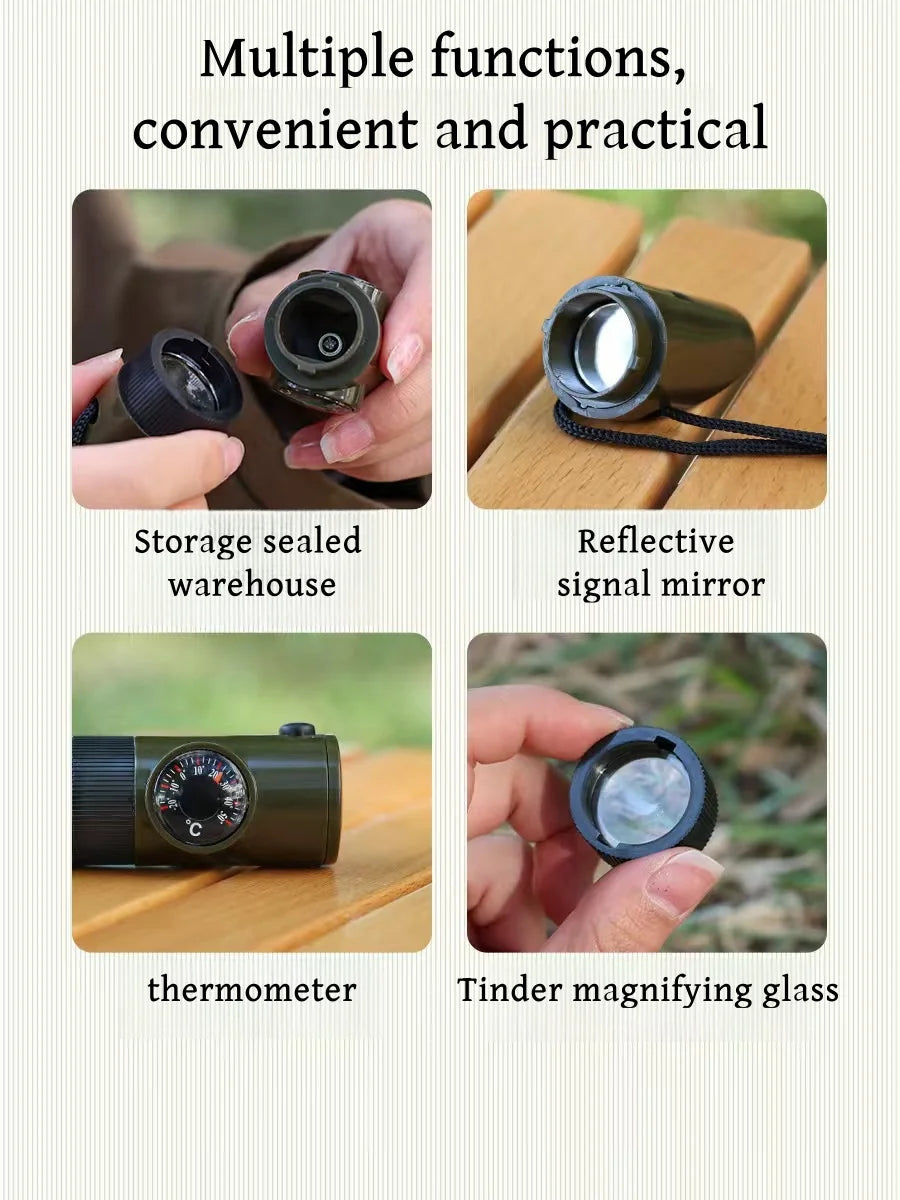 NEW 7 in 1 Survival Whistle Hiking Whistle Compass Mirror Flashlight Magnifier LED Light Thermometer Storage Compass Tool