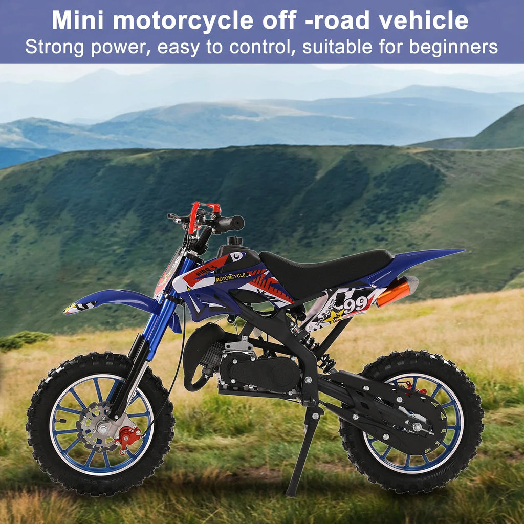 49cc 2-Stroke Dirt Bike, Gas Power Motocross, Off Road Mini Motorcycle with Front Rear Disc Brakes, Max Speed 40KM/H (Blue)