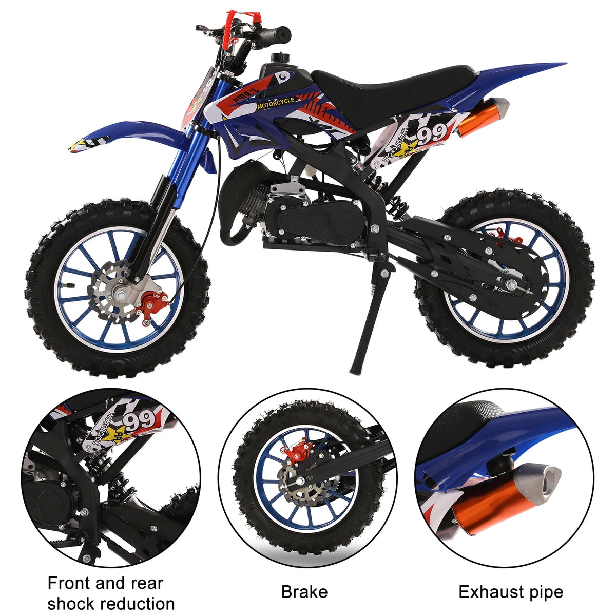 49cc 2-Stroke Dirt Bike, Gas Power Motocross, Off Road Mini Motorcycle with Front Rear Disc Brakes, Max Speed 40KM/H (Blue)