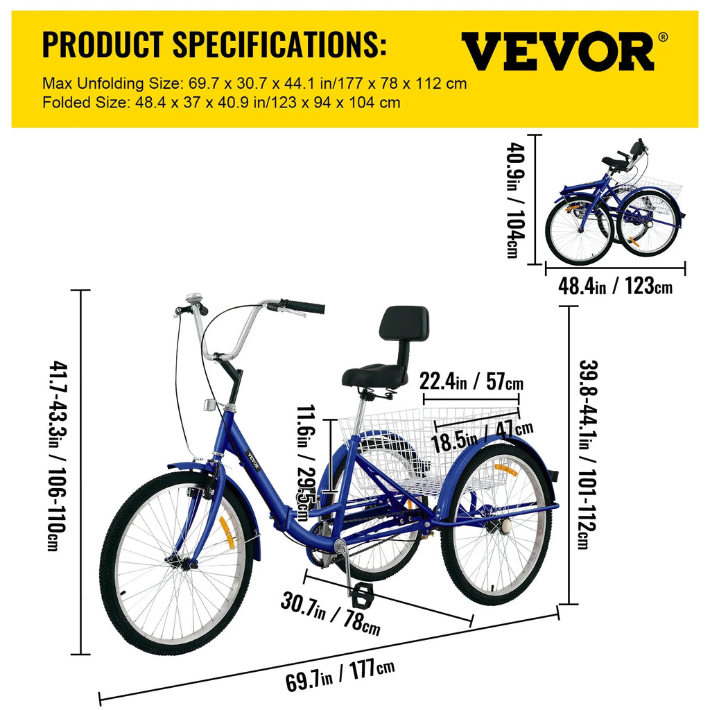 VEVOR Foldable Adult Tricycle 24'' 1 Speed Red White Green Blue 3-Wheel Folding Bike with Shopping Basket